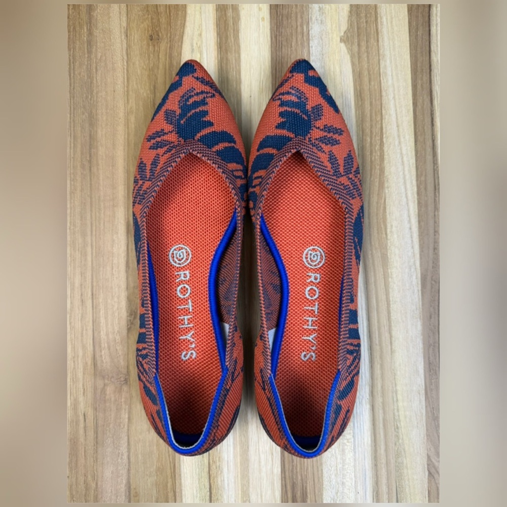 Rothy's Pointed Knit Flats in Orange and Navy Floral